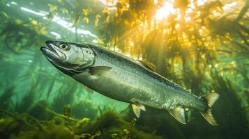 Underwater scene featuring a salmon swimming through vibrant kelp forest with sunlight filtering photo