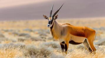 A majestic oryx standing gracefully in a sunlit desert landscape with soft dunes in the background photo