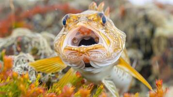 Close-up of a vibrant fish with an open mouth amidst colorful underwater vegetation photo