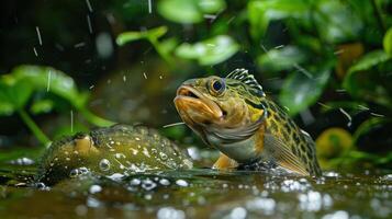 Vibrant underwater scene featuring a colorful fish emerging from the water, surrounded by lush greenery photo