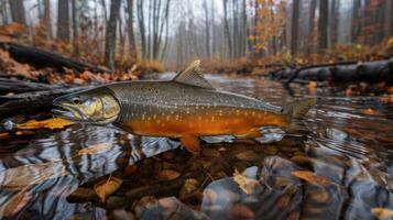 A brook trout swimming in a serene autumn stream surrounded by colorful foliage and misty trees photo