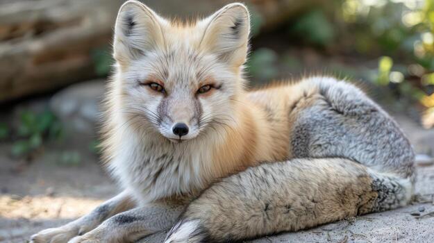 A serene fox resting on the ground in a natural setting, surrounded by greenery and soft light photo