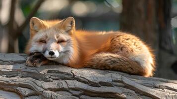 A serene red fox resting on a log in a lush forest, surrounded by dappled sunlight and greenery photo