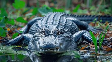 Close-up of an alligator resting in a lush wetland, surrounded by greenery and water reflections photo