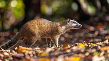 A curious mongoose exploring a vibrant forest floor covered in autumn leaves photo