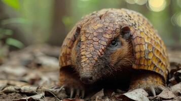 Close-up of a unique armadillo in a lush forest setting, surrounded by leaves and soft sunlight photo