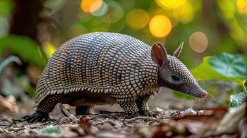 Close-up of an armadillo foraging on forest floor surrounded by vibrant foliage and bokeh lights photo