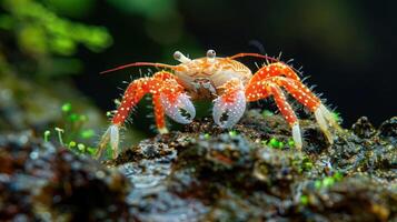 Vibrant close-up of a colorful crab perched on a rocky surface in a lush underwater environment photo