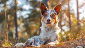 A serene dog resting on pine needles in a sunlit forest, surrounded by tall trees and soft foliage photo