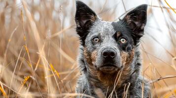 Close-up portrait of a dog in tall grass, showcasing its expressive eyes and fur texture photo