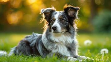 A serene border collie resting on lush green grass during a golden sunset in a peaceful park photo