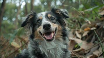Happy Australian Shepherd dog in a lush forest setting surrounded by fallen leaves and greenery photo