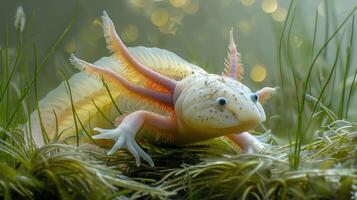 A serene axolotl gracefully navigating through lush aquatic vegetation in a tranquil setting photo