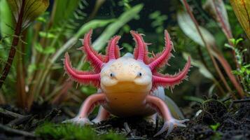 Colorful axolotl in a lush aquatic environment, showcasing its unique features and habitat photo