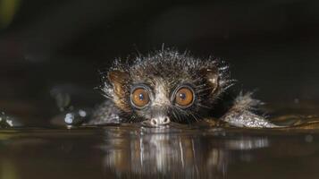 Close-up of a small animal partially submerged in water, showcasing its curious expression and surroundings photo