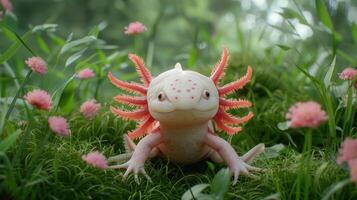 A vibrant axolotl in a lush garden surrounded by colorful flowers and soft greenery photo