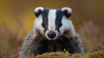 Close-up of a curious badger in a natural setting, surrounded by autumn foliage, exploring its habitat photo