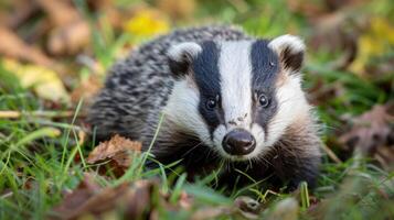A curious badger exploring a lush green meadow filled with autumn leaves and foliage photo