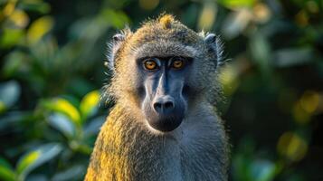 Close-up of a baboon with striking eyes amidst a lush green background in natural habitat photo