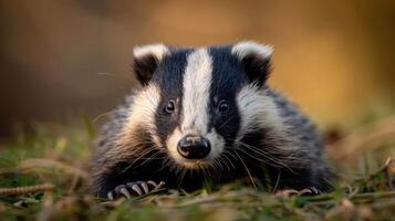 Close-up of a curious badger resting on green grass with a blurred natural background photo