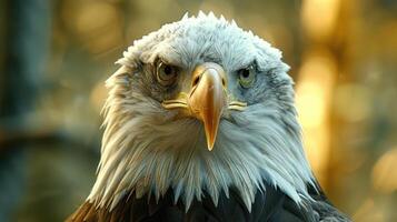 Majestic bald eagle gazing intently with a blurred forest background, symbolizing freedom photo
