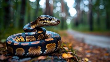 Close-up of a vibrant snake coiled on forest floor with blurred trees and path in background photo