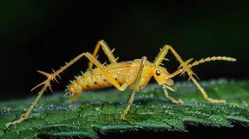 Close-up of a vibrant yellow insect perched on a green leaf in a natural setting photo