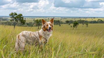 Playful dog standing in tall grass with a vast landscape and cloudy sky in the background photo