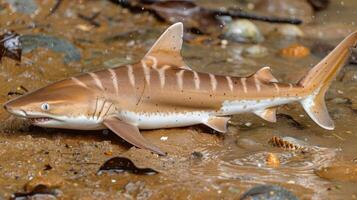 A realistic toy shark resting on a muddy shore with pebbles, showcasing intricate details and textures photo