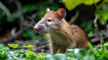 Close-up of a wild rat in a lush green environment with foliage and soft sunlight illuminating photo