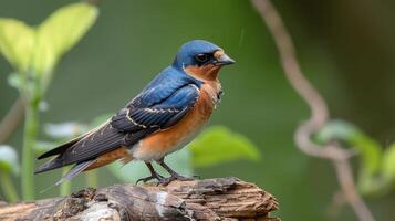 A vibrant swallow perched on a log amidst lush greenery, showcasing nature's beauty photo