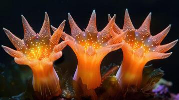 Vibrant underwater scene featuring three glowing coral formations in a dark ocean environment photo