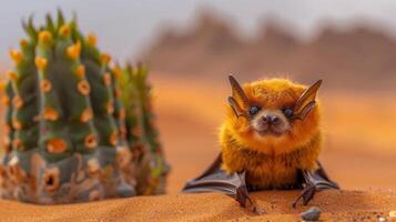 A vibrant orange bat perched on sand near a cactus in a desert landscape at sunset photo