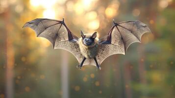 A bat in mid-flight showcasing its detailed wings against a blurred forest background photo