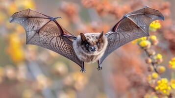 Close-up of a bat in flight against a blurred backdrop of colorful autumn foliage photo