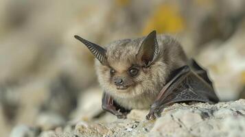 Close-up of a fluffy bat resting on rocky terrain, showcasing its unique features and natural habitat photo