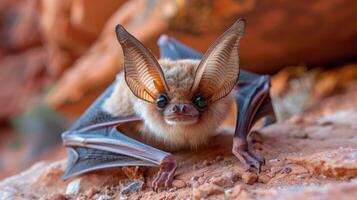 Close-up of a bat with large ears resting on rocky terrain in a natural habitat photo