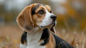 A beagle gazes thoughtfully in a golden field during autumn, surrounded by soft foliage photo