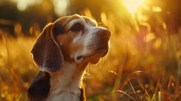 Beagle dog gazing thoughtfully in a sunlit golden field during sunset, nature's warmth surrounding photo