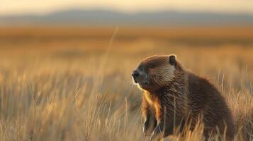 A beaver stands alert in a golden field during sunset, with mountains faintly visible in the background photo