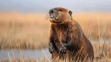 A beaver standing upright in a marshy area, surrounded by tall grasses and a serene water backdrop photo