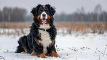 Happy Bernese Mountain Dog Sitting in Snowy Field with Trees in Background During Winter photo