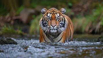 Majestic tiger wading through a serene river, surrounded by lush greenery and soft splashes photo