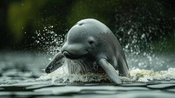 Playful dolphin breaching the water surface in a serene aquatic environment, splashes visible photo
