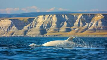 A beluga whale breaches the surface of clear blue water near rugged cliffs under a sunny sky photo
