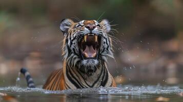 Fierce tiger emerging from water with mouth open, surrounded by lush greenery and splashes photo