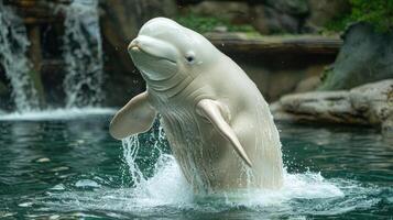 Beluga whale breaching the water surface in a serene aquatic environment with rocks and greenery photo