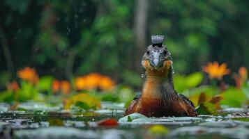 A vibrant water bird emerging from a serene pond surrounded by lush greenery and flowers photo