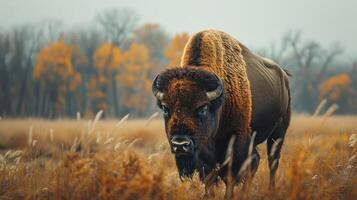 Majestic bison roaming through golden grassland with autumn trees in the background photo