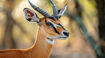 Close-up of a graceful antelope in a sunlit forest setting, showcasing its elegant features photo
